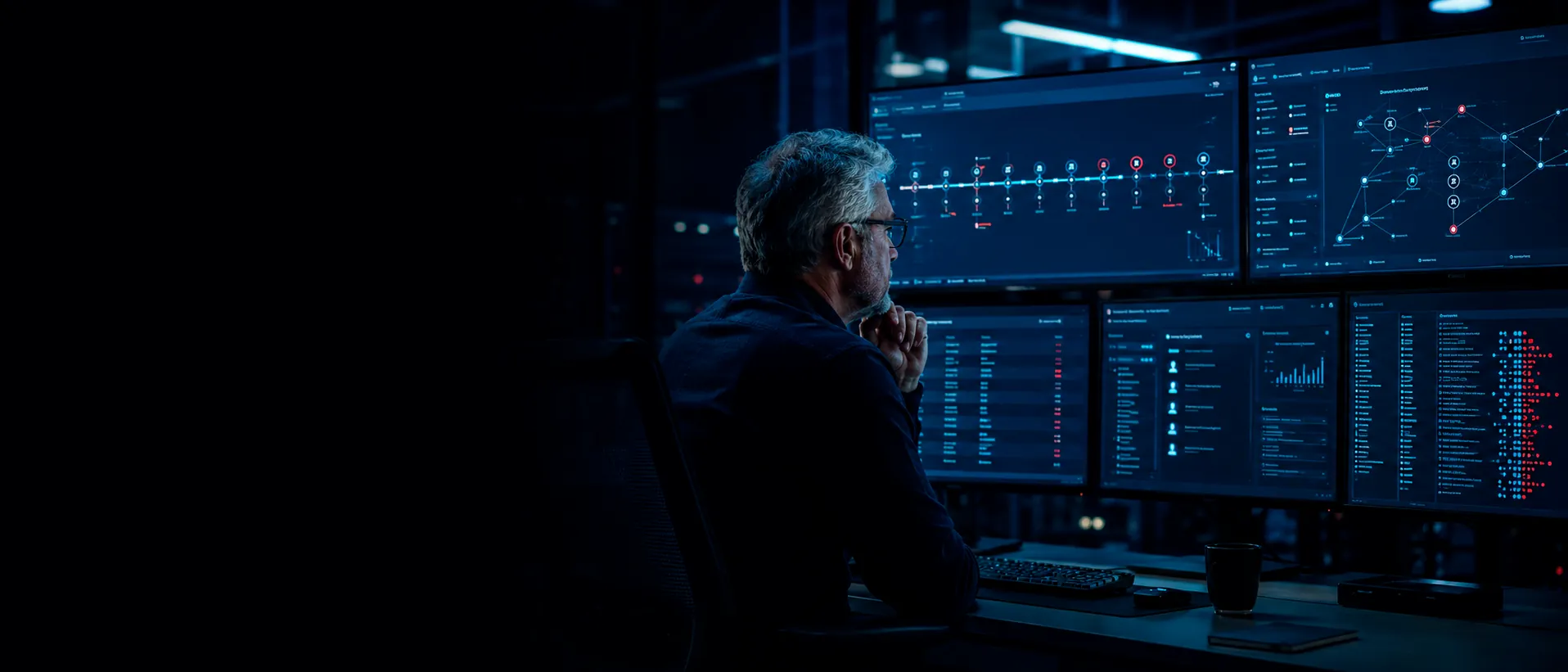 Cybersecurity analyst reviewing audit logs and forensic investigation